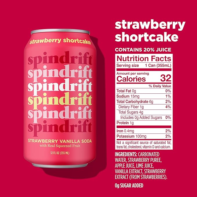 Spindrift Soda "Strawberry Shortcake" Strawberry Vanilla Soda with Real Squeezed Fruit 12 Pack Case - Bloomnest