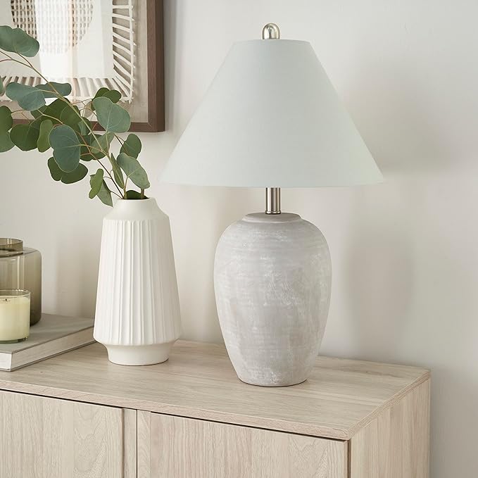 Nourison Home 23" Grey Vintage Distressed Ceramic Pot Table Lamp for Bedroom, Living Room, End Table, with Grey Conical Empire Shade - Bloomnest