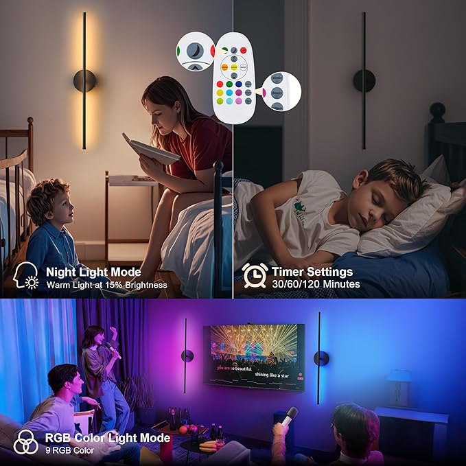 Battery Operated Wall Sconces Set of Two, with Remote Control, Dimmable, Warm White/Natural White/Daylight/RGB, 350°Rotate, LED Black Wireless Wall Light for Living Room, Bedroom, 28.3 Inch - Bloomnest