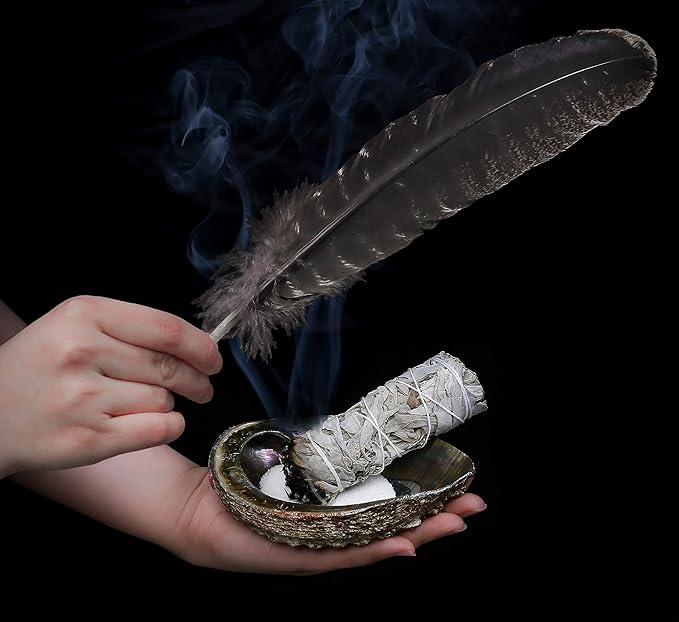 Sage Smudge Kit - White Sage Smudge Sticks - 4in ~ Abalone Shell 5-6in ~ 2in Tripod Stand ~ 9-12in Feather and White Sand - Bloomnest