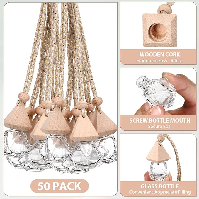 Demissle 50 Pcs Hanging Car Air Freshener Car Diffuser Bottles Empty Glass Perfume Diffuser Bottles Pendant Bulk for Essential Oils Fragrance Aromatherapy Bottle Ornament(Diamond and Triangle) - Bloomnest
