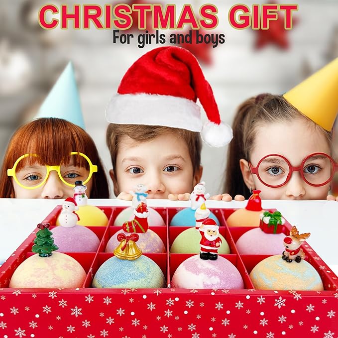 Christmas Bath Bombs for Kids with Surprise Toys Inside - Kids Advent Calendar Bathbombs - 12 Pack Organic Bath Bombs Gift Set, Moisturizing Bubble Bath Fizzies, Gifts for Boys, Girls, Toddler - Bloomnest