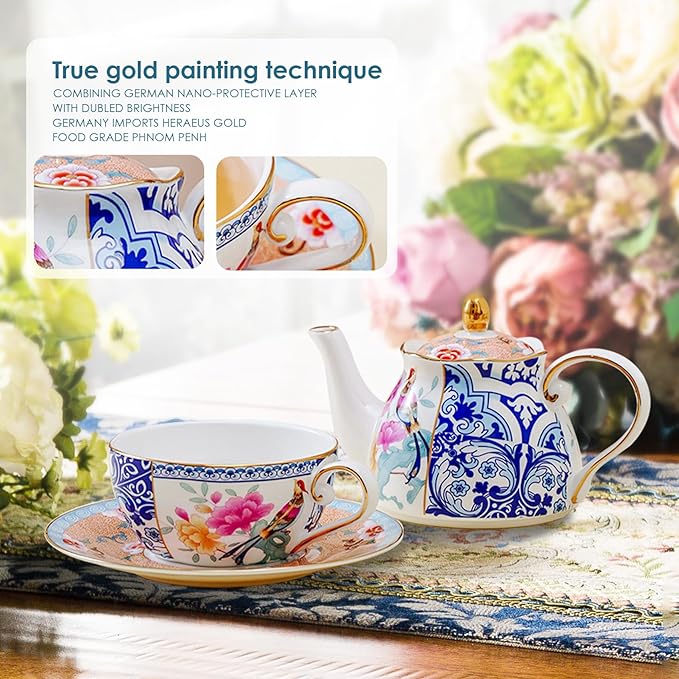 ACMLIFE Tea for One Teapot and Cup, Vintage Floral Porcelain Tea Set for One, Bone China Teapot with Cup Set, Tea Pot Gift for Women (Blue-C) - Bloomnest