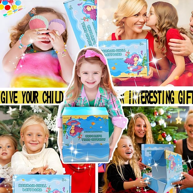 Mermaid Bath Bombs for Kids Girls with Surprise Inside, 6 Pcs Natural Fizzy Princess Fun Shell Bubble Bath Bomb Kit with Jewelry Toys, Christmas Easter Basket Stuffer Valentines Day Birthday Gift Set