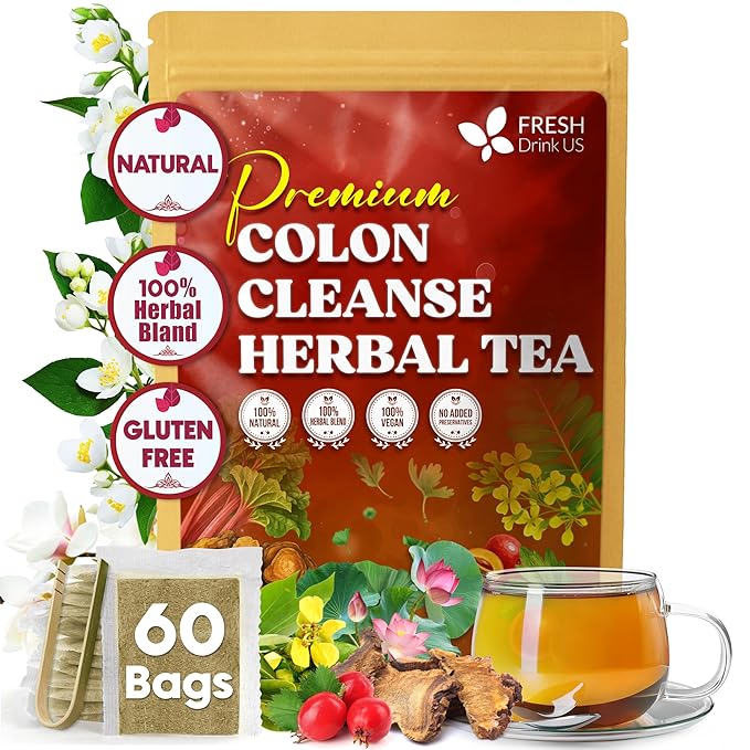 FreshDrinkUS, Premium Colon Cleanse Tea – 60 Tea Bags – Rhubarb Root & Hawthorn Berry with Senna, Lotus Leaf, Valerian Root & Psyllium Husk – Herbal Blend, Caffeine-Free. Vegan - Bloomnest