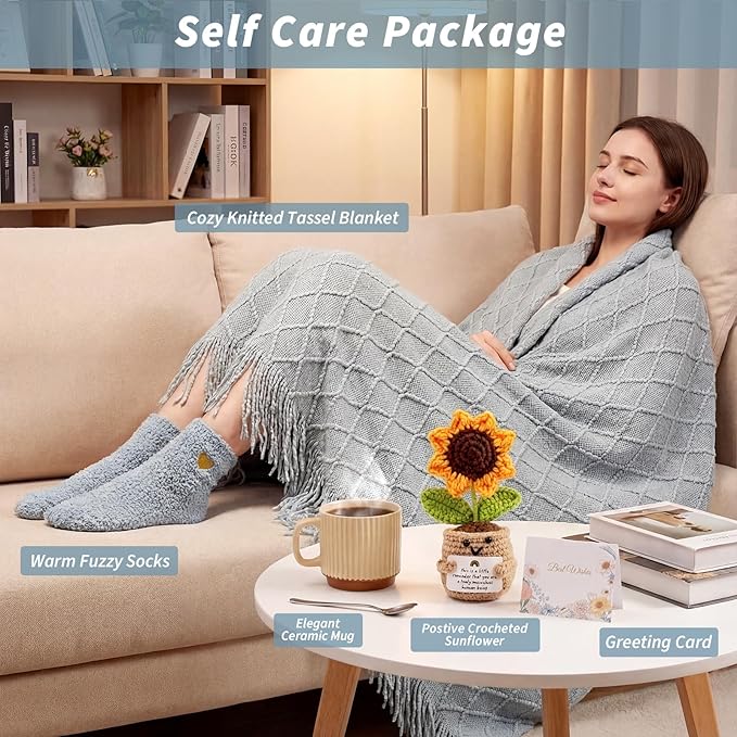 Get Well Soon Gifts Baskets for Women, Spa Self Care Gifts, Thinking of You Gift, Relaxing Sunflower Gift Basket for Her Friends Birthday Valentines Day Mothers Day Luxury Gifts, Blue - Bloomnest