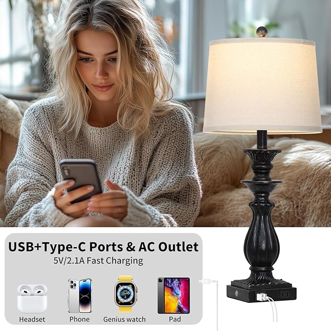 28" Farmhouse Table Lamps Set of 2 for Living Room, 3 Way Dimmable Bedside Lamp with USB C+A Ports & AC Outlet, Resin Vintage Tall Nightstand Lamps for Bedroom Office Hallway, Black - Bloomnest