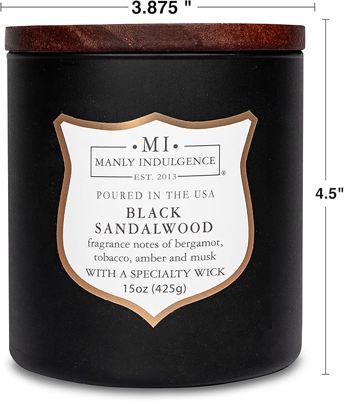 Manly Indulgence Black Sandalwood Scented Candle for Men 15 oz – Bergamot, Tobacco, Amber & Musk - Wood Wick - Up to 60 Hours Burn - Soy Blend Wax, USA Poured – Signature Collection - Bloomnest