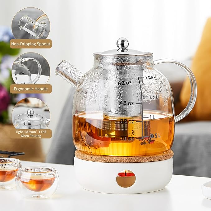 68OZ Glass Teapot Tea Pot With Infuser, Glass Kettle For Stove Top, Tea Glass Pot, 2000ML Glass Tea Cup With Infuser And Lid For Loose Leaf Tea Steeper, Dishwasher Safe - Bloomnest