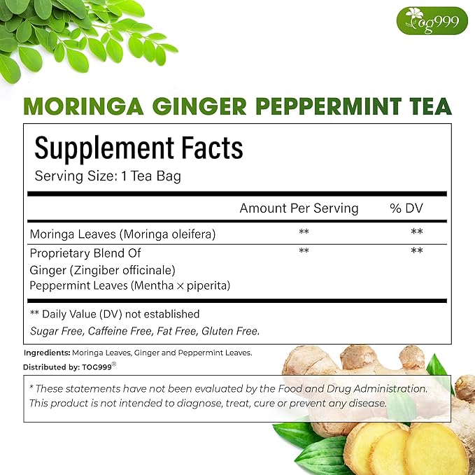 TOG999, Premium Moringa Ginger Peppermint Herbal Tea – 60 Tea Bags – Caffeine-Free, Plant-Based, Non-GMO, Naturally Refreshing Flavor, No Artificial Additives, No Sugar, No Gluten. Vegan - Bloomnest