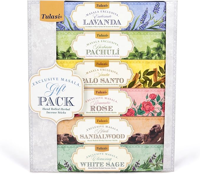 Tulasi Herbal Masala Incense Sticks Assorted/Variety Pack – 120 Hand Rolled Sticks, 6 Natural Scents | Sandalwood, Lavender, Patchouli, Palo Santo, White Sage | Aromatherapy Tulasi