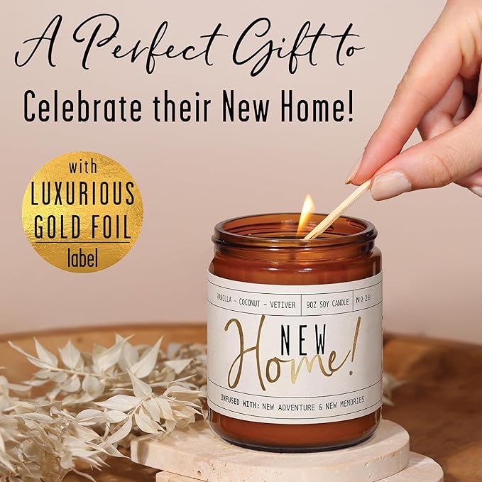 Housewarming Gift, House Warming Gifts New Home, Housewarming Gifts for New House - 'New Home' Soy Candle, w/Vanilla, Coconut & Vetiver I New Home Gifts for Home I 9oz Jar, 50Hr Burn, Made in USA - Bloomnest