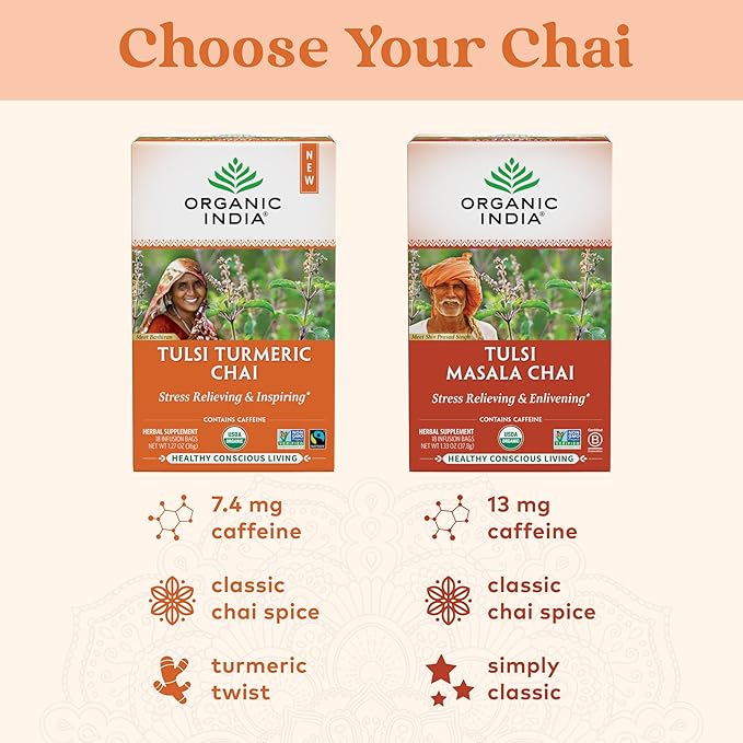 Organic India Tulsi Turmeric Chai Tea - Herbal Tea Bags with Caffeine, Ginger Root, Cinnamon, Holy Basil, Stress Relieving and Energizing, Immune Support, Helps Digestion - 18 Count, Pack of 6 - Bloomnest