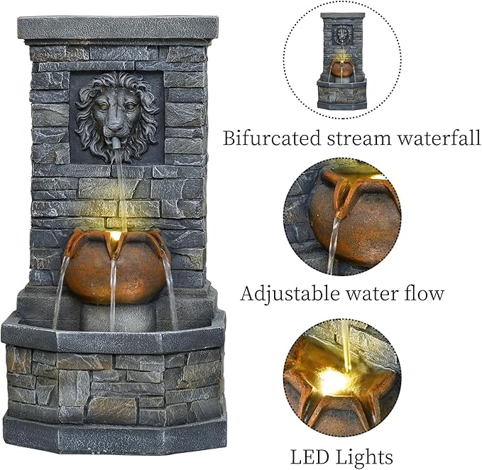 32.28'' Outdoor Garden Floor-Standing Water Fountain Lion Head Stone with Lights Outdoor Waterfall for Patio, Backyard, Deck, Porch and Home Art Decor