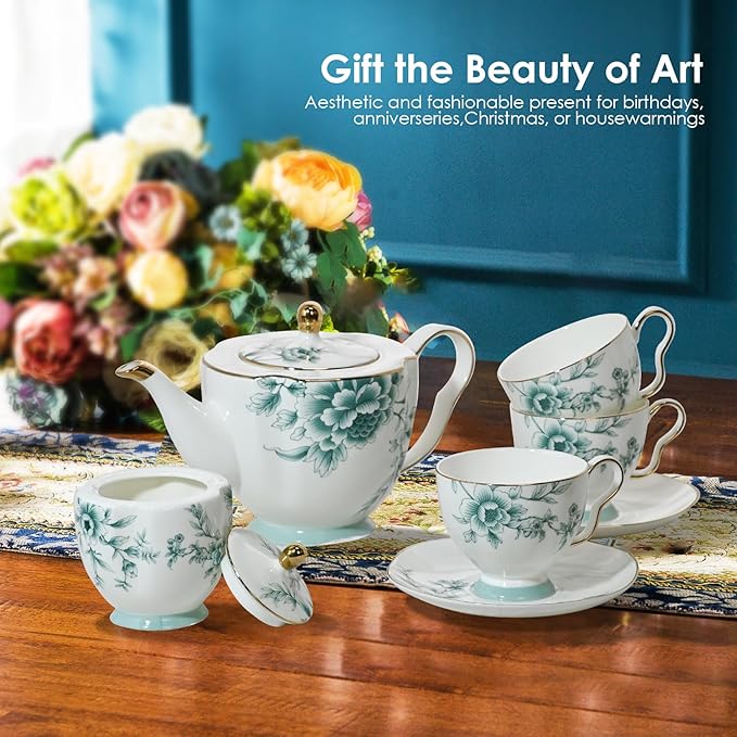 ACMLIFE Bone China Tea Cups and Saucers for 1, 6.8 oz Teacup Set for Adults, with Gold Trim and Gift Box, Blue and White Chinese English British Wedding Tea Set for One Coffee Cup Set (Blue-Leaf) - Bloomnest