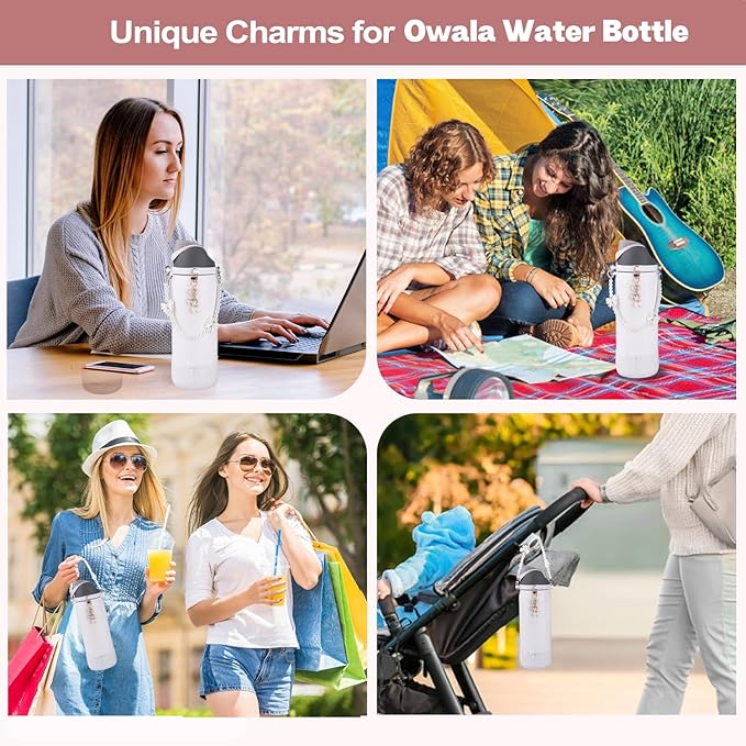 Water Bottle Accessories Set for Owala FreeSip 24oz、32 oz– Includes Pearl Handle Strap, Bow Charms,2.9in .3inch Silicone Bling Boot for Owala Accessories for Women Bloomnest