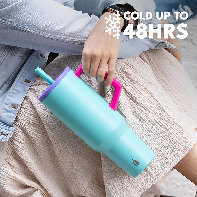 Elemental 40 oz Tumbler with Handle and Straw - Spill Proof Insulated Stainless Steel Commuter for Hot and Cold Beverages - Travel Coffee Mug with 2 Straws & Spill Proof Lid - 40oz - Blue Tie Dye - Bloomnest