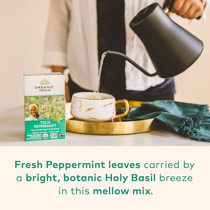 ORGANIC INDIA Tulsi Peppermint Tea - Caffeine Free Herbal Mint Tea - Stress Relieving Holy Basil, Immune & Digestion Support, Vegan, USDA Certified Organic, Fairtrade - 18 Infusion Bags, 3 Pack - Bloomnest