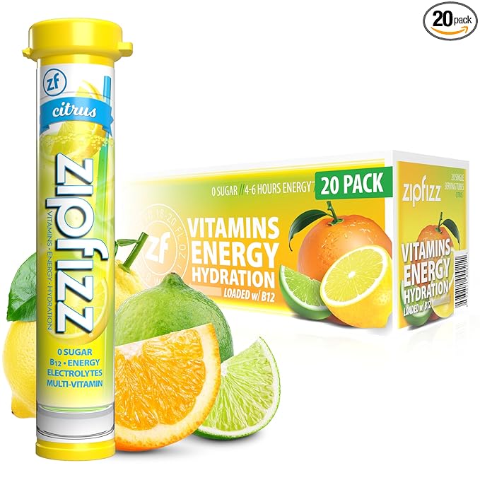 Zipfizz Daily Energy Drink Powder, Citrus, 20 Pack, 3-in-1 Sustained Energy, Rapid Hydration, and Essential Vitamins, Sugar-Free, Electrolyte Powder, Contains Vitamin B-12 & Antioxidants - Bloomnest
