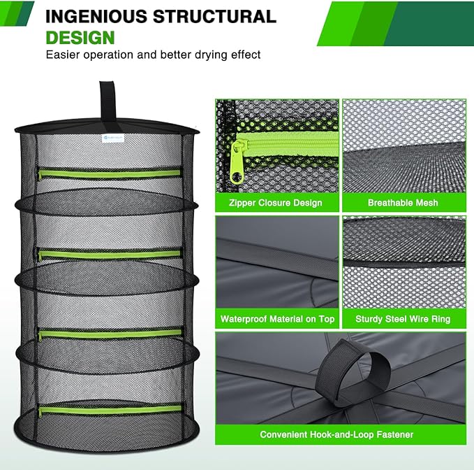 Yesker 4 Layer Herb Drying Rack Hanging Mesh Net Foldable Plant Drying Racks 24" w Green Zipper Pruning Shears Hook Dryer Hanging Rack for Herbs Seed Bud Fruit Clothes Grow Tent Closets Garden Outdoor - Bloomnest