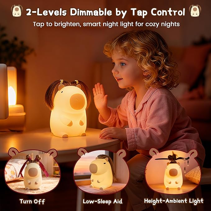 Cute Capybara Night Light with DIY Hairstyle ,Funny Squishy Silicone Animal Night Lamp, Dimmable/Timer Nursery Nightlight for Kids, Rechargeable Touch Bedside Lamp, Bedroom Decor, Baby Boys Girls Gift - Bloomnest