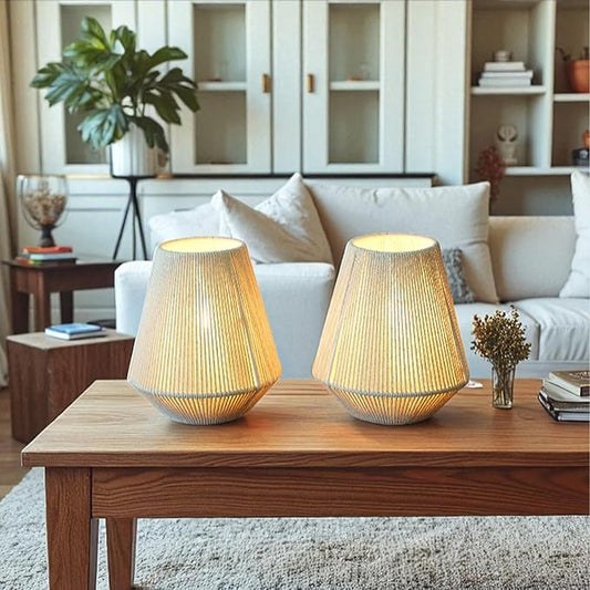 JHY DESIGN Set of 2 Woven Lampshade Table Lamps 8" H Cotton Rope Bedside Light‌s Cordless Decorative Battery Operated Lamps with 6 Hours Timer for Bedroom Living Room Home Parties Patio Events - Bloomnest