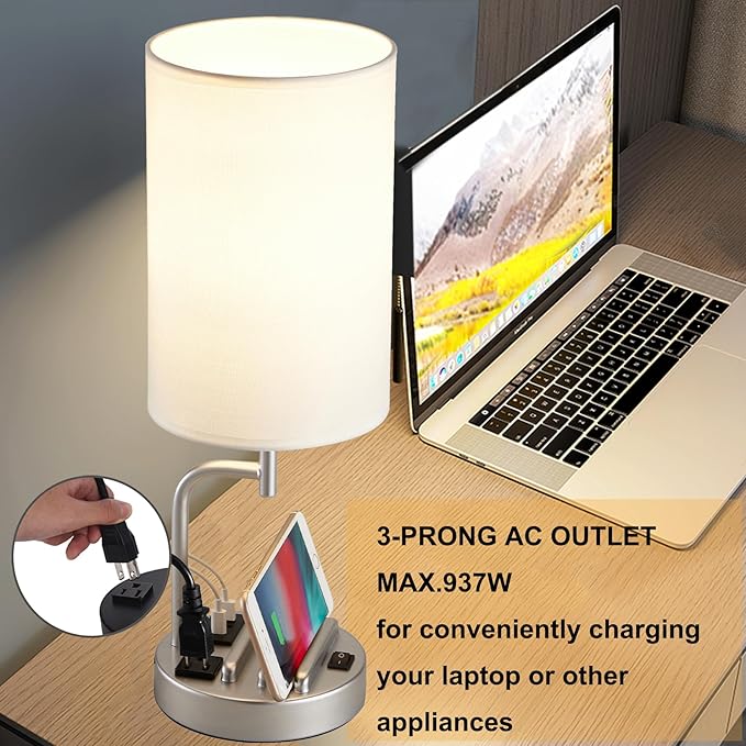 Dreamholder Table Lamp with 3 USB Charging Ports, Modern Desk Lamp with AC Outlet and Phone Stands, Perfect Bedside Lamp for Bedroom, Living Room, Office (Pack of 2), Silver - Bloomnest