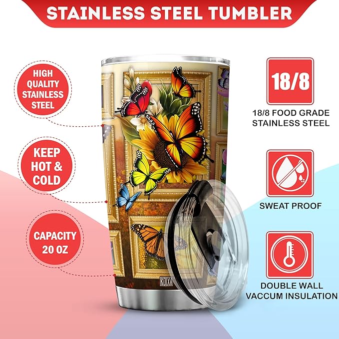 Sunflower Print Tumbler 20 Oz Monarch Butterfly Coffee Cup With Lid Butterflies Sunflowers Gifts For Women Birthday Present Stainless Steel Mug Vintage Floral Flowers Animals - Bloomnest