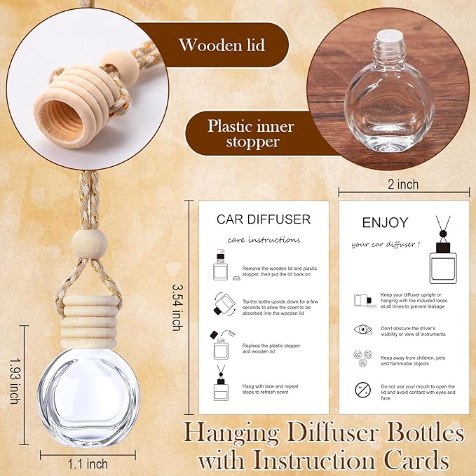 Boao 25 Sets Hanging Car Air Freshener Diffuser Bottles Empty Bulk with Car Diffuser Instruction Cards Organza Bags Glass Refillable Essential Oil Fragrance Aromatherapy Pendant (Round,Clear) - Bloomnest