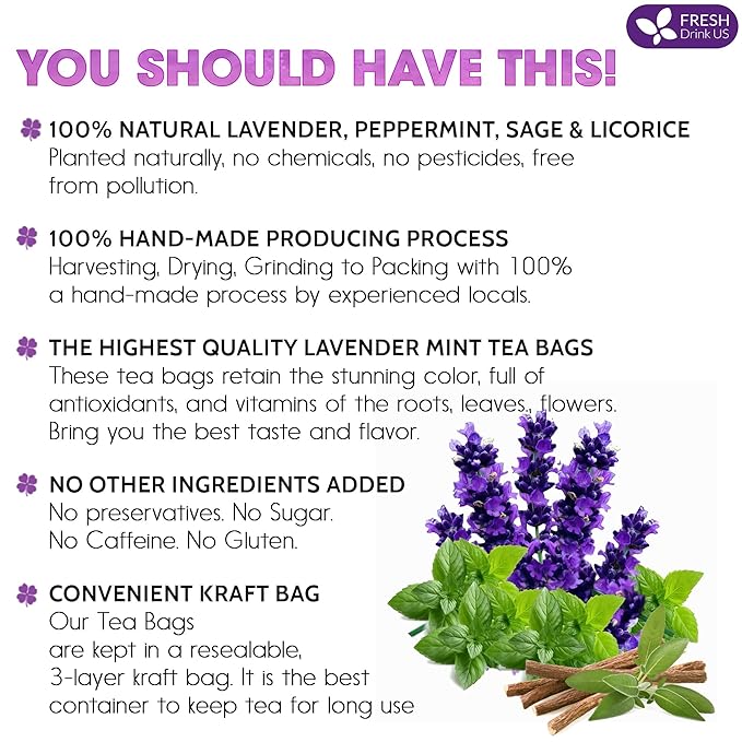 FreshDrinkUS, Premium 55 Tea Bags Lavender Mint Tea, 100% Natural, Blend of Lavender, Peppermint, Sage and Licorice. Made with Natural Material Tea Bags. No Sugar, No Caffeine, Vegan. - Bloomnest