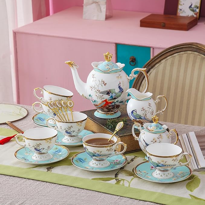 ACMLIFE Fine Bone China Tea Set with Teapot, Porcelain Tea Sets for Adults, 21-Piece Vintage Tea Set for 6, 24K Gold Blue English Floral British Bone China Tea Sets for Women Tea Party for Gifts - Bloomnest