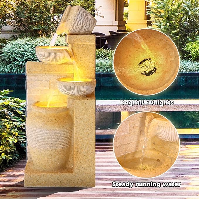 Grepatio Outdoor 4-Tiers Water Fountain, Garden Cascading Waterfalls Fountain with LED Lights, 32"H Modern Indoor/Outdoor Bowl Waterfall Feature Water Fountains for Garden, Patio, Yard Decor (Yellow) - Bloomnest