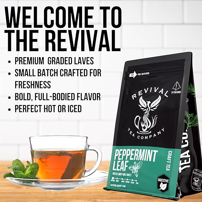 Revival Tea Company Peppermint Tea - Herbal Tea made from 100% Peppermint Leaf - Caffeine Free - 24 Tea Bags - Bloomnest