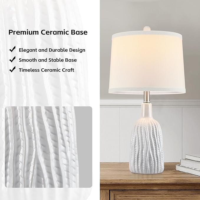 GRUENLICH Ceramic Table Lamp Set of 2 for Nightstand, 22.5" Modern White Bedside Lamp with 3 Adjustable Color Temperature, Bedroom Light for Living Room Desk End Table Office (2 LED Bulbs Included) - Bloomnest