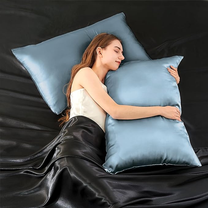 INFIIXSO Mulberry Silk Pillow Case for Hair and Skin, Silk Satin Pillowcase Standard Size with Hidden Zipper 20"x26", Extraordinary Smooth and Soft Cooling Pillow Cases for Hot Sleepers, Airy Blue - Bloomnest