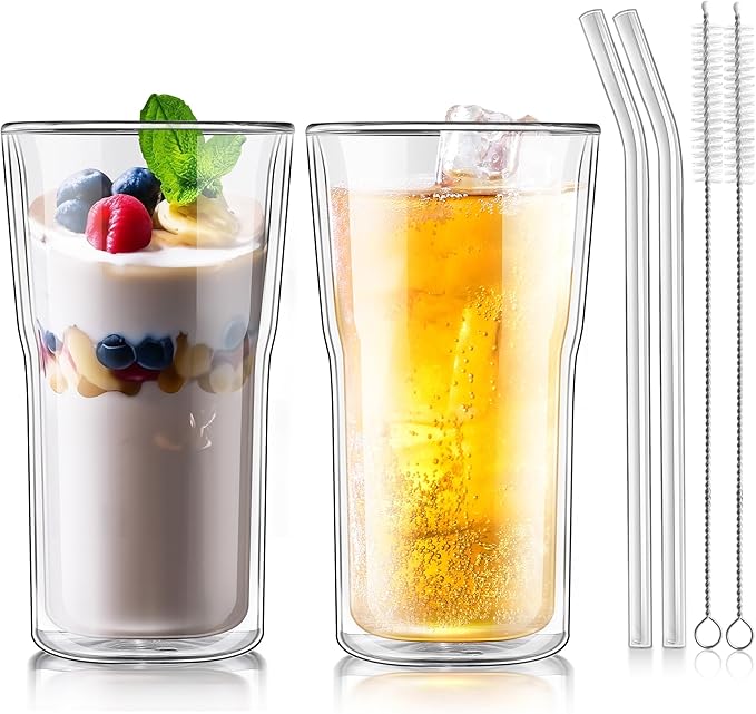 Joeyan Glass Double Walled Beer Drinking Glasses Tumbler 16 oz, Double Layer Tall Borosilicate Insulated Water Cocktail Glass Cups, Double Lined Thermo Tea Coffee Hot Beverage Glassware, Set of 2 - Bloomnest