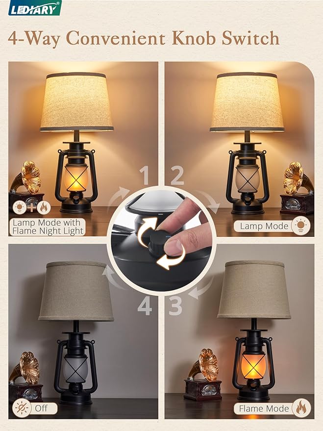 LEDIARY 18.72" Black LED Lantern Flickering Flame Table Lamps for Bedrooms Set of 2, Small Farmhouse Rustic End Table Lamps, Halloween Decorative Lantern Bedside Lamps for Living Room - Bloomnest