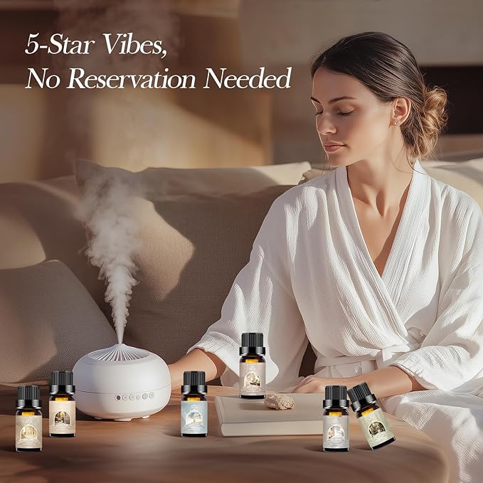 Hotel Essential Oils Set - 6 Premium Scents for Diffuser, Aromatherapy, Home, Spa, Candle Making, Fragrance Oil Set - Hotel Lobby, White Tea Thyme, Good Night, Jasmine Mint, Orange, Luxurious Night - Bloomnest