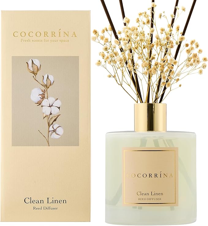 COCORRÍNA Reed Diffuser - Clean Linen 17 Fl.oz Reed Diffuser with 8 Sticks Scented Diffuser with Preserved Flowers for Bathroom Home Decor - Bloomnest