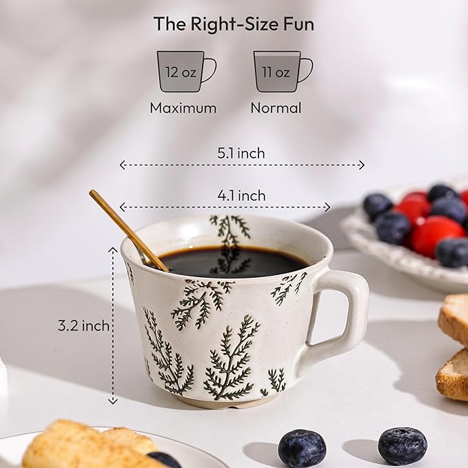 Ceramic Coffee Mug, 12 oz Novelty Unique Teacup with Handle, Stoneware Cup for Tea Mocha Latte Cappuccino Espresso (Set of 2, Butterfly and Ivy) - Bloomnest