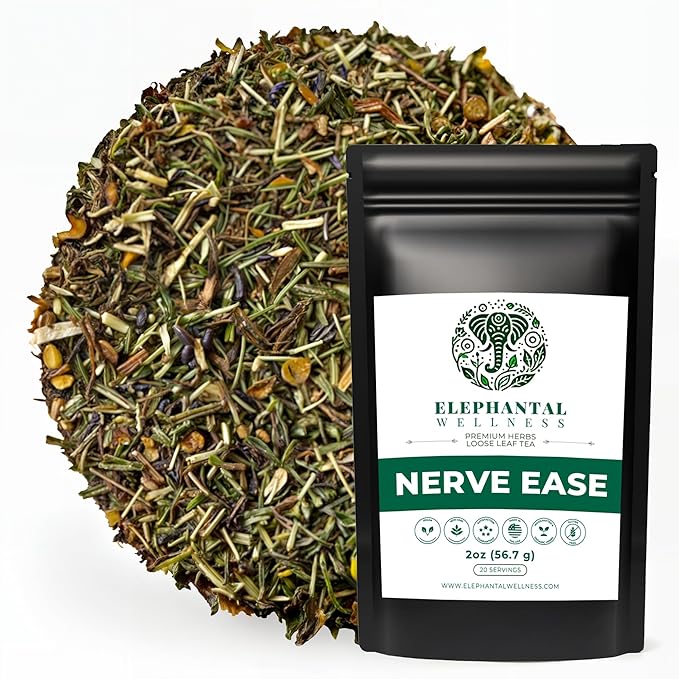 Elephantal Wellness Nerve Ease Herbal Tea | Calming Nervous System Support with Chamomile Tea, Passionflower, Lemon Balm Tea, Valerian & St. John’s Wort | Loose Leaf, Caffeine-Free, 2oz, 20 Servings - Bloomnest