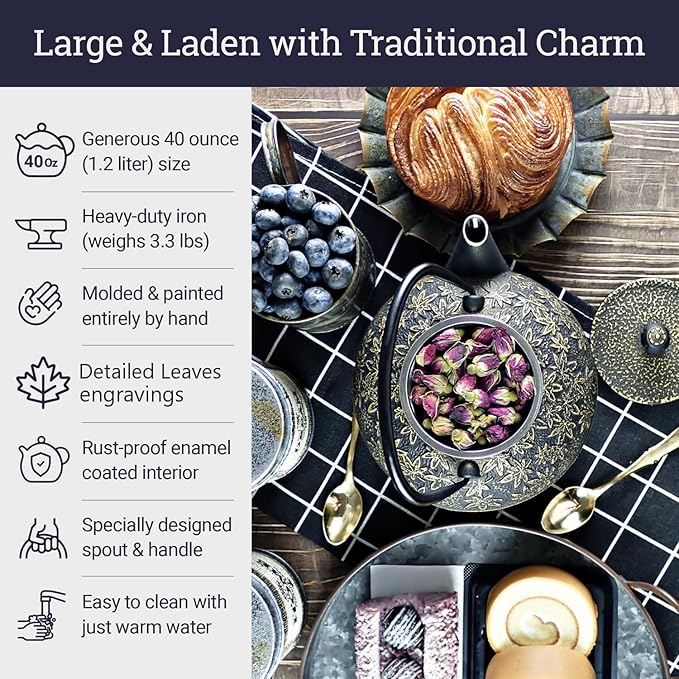 Large Japanese Cast Iron Teapot Capacity 40Oz with Trivet and Loose Leaf Tea Infuser, Cast Iron Tea Kettle Stovetop Safe. Tetsubin Coated with Enamel Interior - Black Teapot