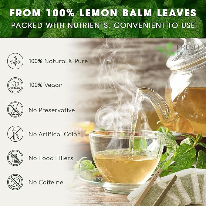 FreshDrinkUS, Premium 120 Lemon Balm Leaf Tea Bags, 100% Natural & Pure from Lemon Balm Leaves. Loose Leaf Lemon Balm Herbal Tea. Lemon Balm Leaf Tea. No Sugar, No Caffeine, No Gluten, Vegan. Lemon Balm Tea - Bloomnest