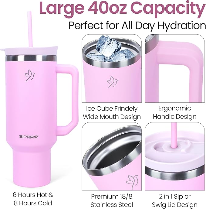 Tumbler with Handle, Insulated Tumbler with Lid and Straw, Stainless Steel Travel Coffee Mug, Cup Holder Friendly, Perfect for Camping, Travelling & Gifting, 40oz, Pink - Bloomnest
