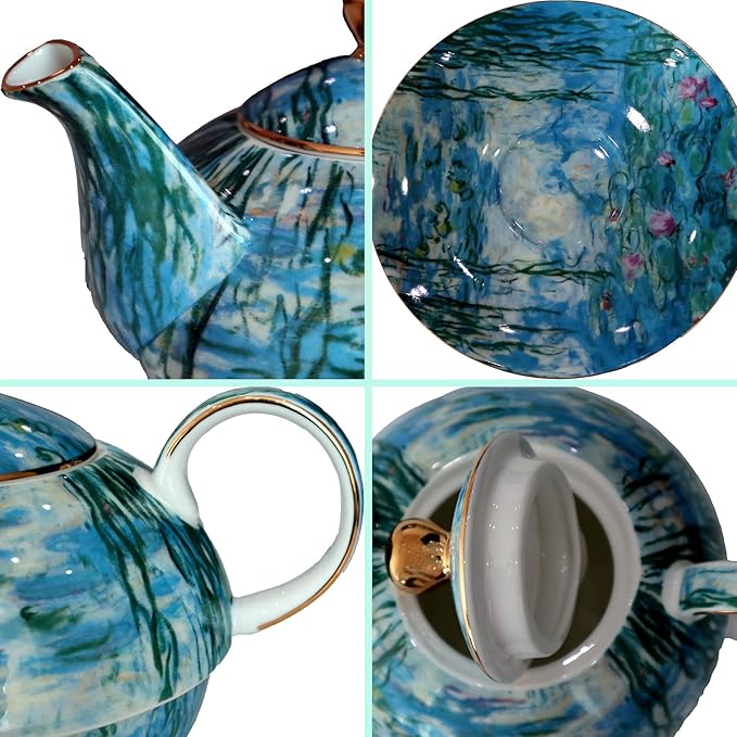 Porcelain 13 OZ Tea for One Teapot and Cup Set Vintage Floral Ceramic Tea Set European Style Tea pot and Saucer Set (Water Lily) - Bloomnest