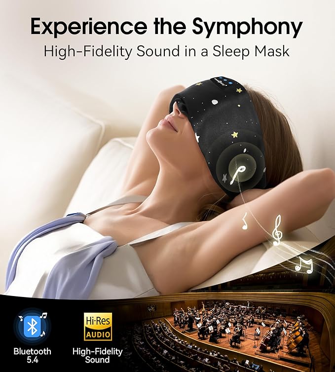 MUSICOZY Mulberry Silk Bluetooth Sleep Mask with HD Stereo Sound, Wireless Sleep Headband Headphones for Side Sleepers, Adjustable Size, Total Light Blocking, Perfect for Travel Relaxation Sleep - Bloomnest