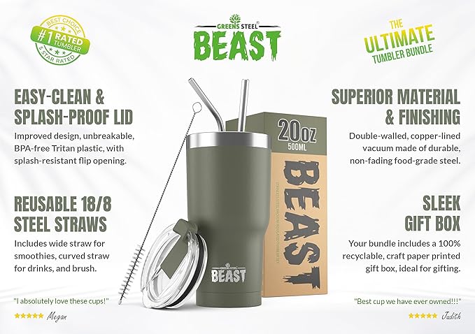 Beast 20 oz Tumbler Stainless Steel Vacuum Insulated Coffee Ice Cup Double Wall Travel Flask (Army Green) - Bloomnest