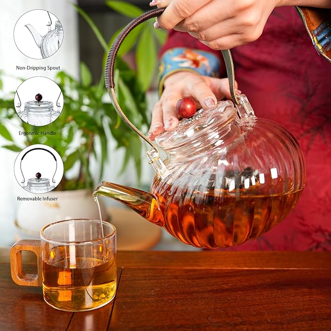Glass Teapot with Removable Infuser, Stovetop Safe Glass Tea Kettle, 980 ml 33 oz, Clear Teapot for Loose Tea, Tea pot for Blooming Flower Tea and Loose Leaf, Tea Maker Gift - Bloomnest