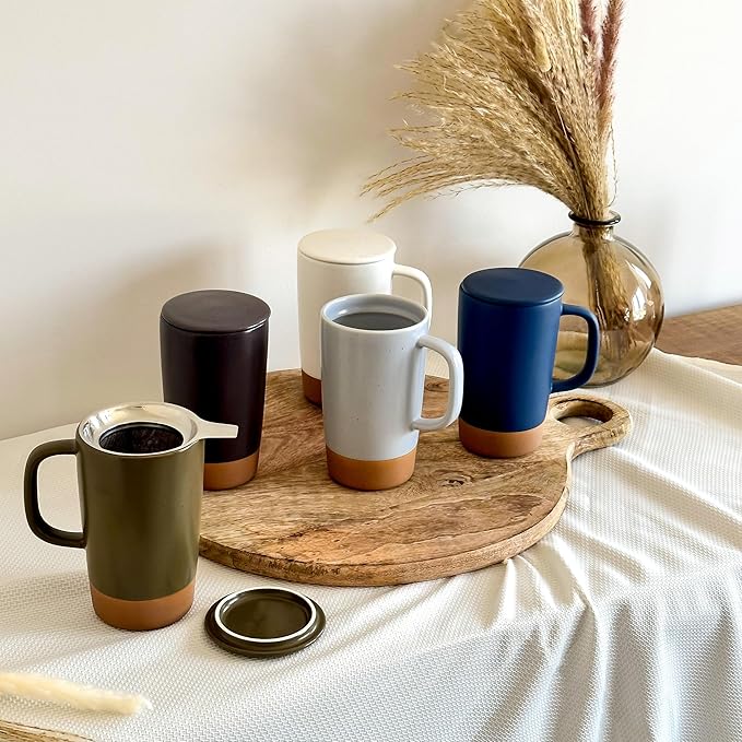 Mora Ceramics Large Tea Mug with Loose Leaf Infuser and Ceramic Lid, 18 oz, Portable, Microwave and Dishwasher Safe, Tall Coffee Cup - Rustic Matte Ceramic Glaze, Modern Herbal Tea Strainer, Olive - Bloomnest