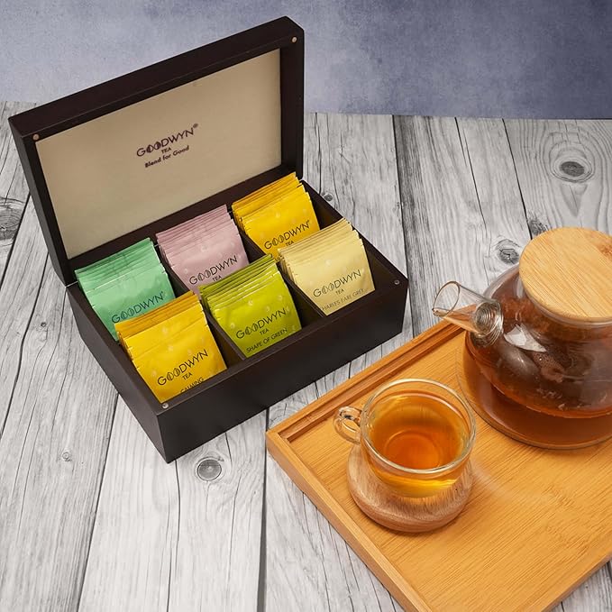 Goodwyn Assorted Tea Sampler Box – 60 Individually Wrapped Tea Bags | Premium Herbal, Black & Green Tea Collection in Reusable Wooden Chest | 6 Flavors x 10 Each: Darjeeling, English Breakfast, Green, Jasmine, Kahwa, Peppermint | Ideal Gift Set - Bloomnest